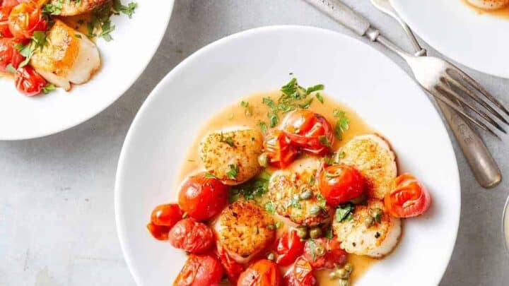 Top view of scallops and cherry tomatoes in a white bowl.