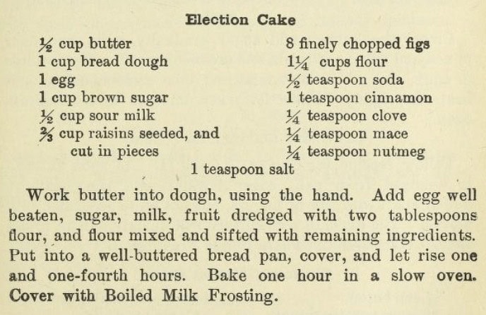 A vintage recipe titled "Election Cake." Ingredients listed include butter, bread dough, egg, sugar, brown sugar, sour milk, raisins, figs, flour, cinnamon, cloves, soda, mace, nutmeg, and salt. Instructions are to mix, let rise, and bake for one hour, then cover with boiled milk frosting.