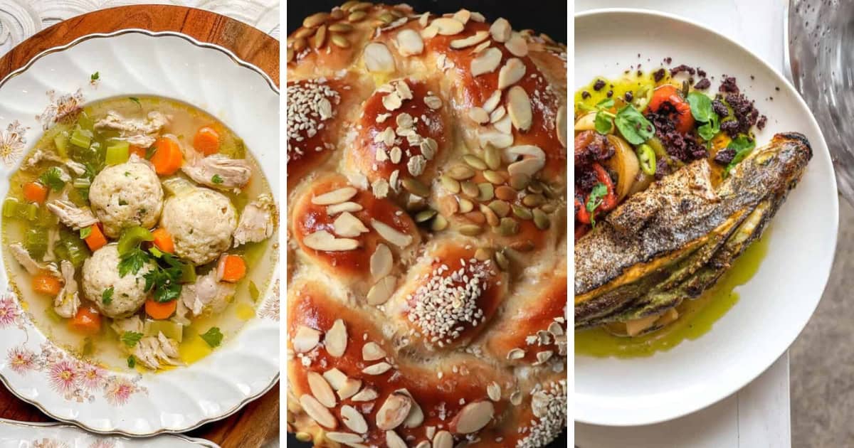 A three-panel image featuring delicious Rosh Hashanah recipes. The first panel shows matzo ball soup with vegetables in a floral-patterned bowl. The second panel displays a close-up of challah bread with seeds. The third panel features a plated fish dish with garnish.