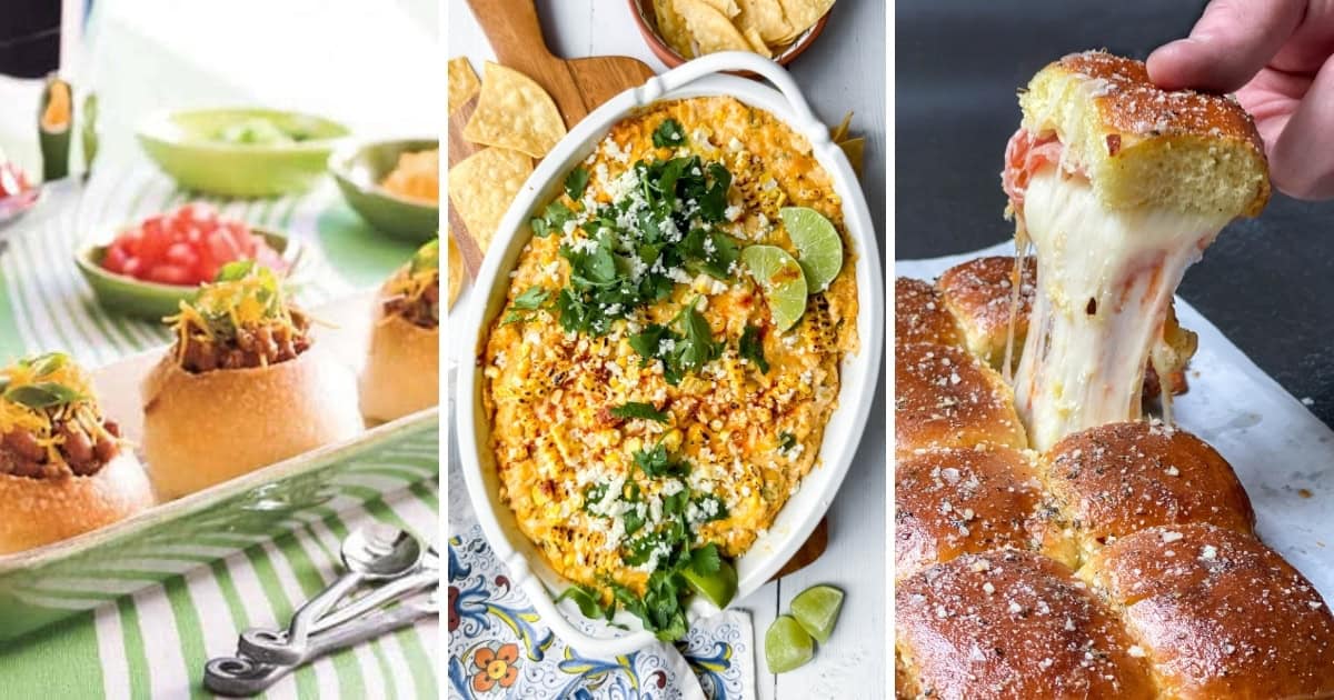 Three image collage featuring slow cooker tailgating recipes, Mexican street corn dip, and cheesy sliders.