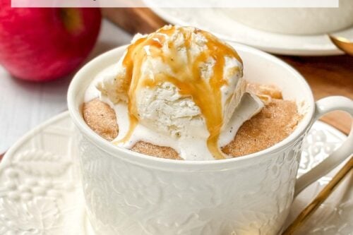 A mug filled with apple cake, topped with a scoop of vanilla ice cream and drizzled with caramel sauce, sits on a white plate with a gold spoon. A text overlay reads "Apple Mug Cake: Easy 3-Minute Dessert." The image source is 31Daily.com.