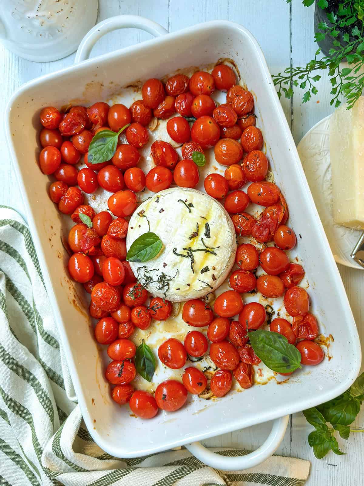 Baked cherry tomatoes and a round of brie cheese garnished with fresh basil leaves in a white baking dish on a white wooden surface.
