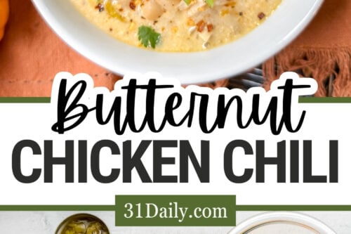 A bowl of butternut chicken chili garnished with cilantro and sliced jalapeños is shown on a wooden table. Surrounding ingredients include diced butternut squash, beans, onion, garlic, spices, and sour cream. The text "Butternut Chicken Chili Recipe" is centered on the image.