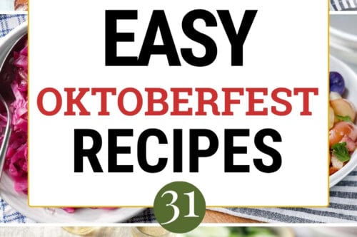 Collage of Oktoberfest Recipes including pretzels, red cabbage, bratwurst and cucumber salad.