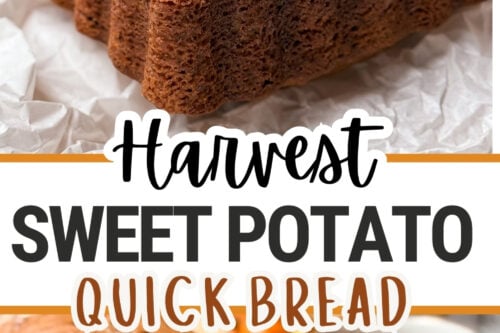 A loaf of sweet potato bread with a textured top sits on parchment paper. Below, a sliced view reveals its moist interior. Text reads "Harvest Sweet Potato Quick Bread" on a 31Daily.com graphic.