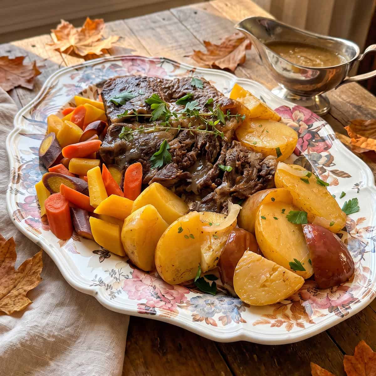 Roast beef pot roast with root vegetables and cider braised gravy resting on a wooden table.