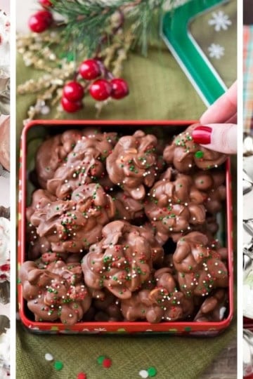 Three image collage of Christmas candies from slow cooker Christmas candy to truffles and easy turtle candy recipes.