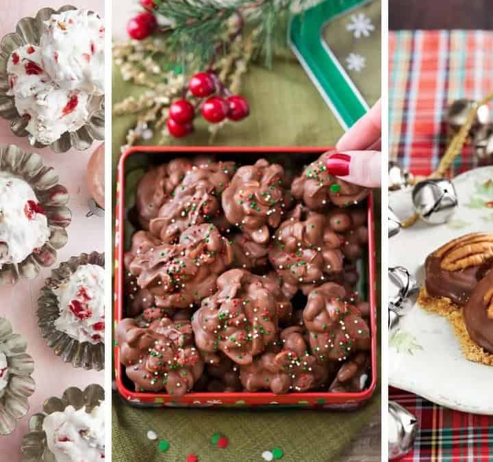 Three image collage of Christmas candies from slow cooker Christmas candy to truffles and easy turtle candy recipes.