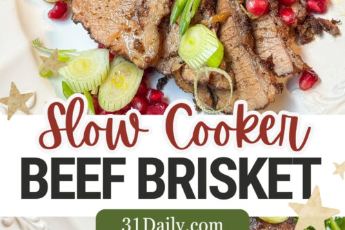 Tender slices of beef brisket garnished with pomegranate seeds, green onions, and grilled onions grace a white platter. The text reads: "Slow Cooker Beef Brisket Recipe.
