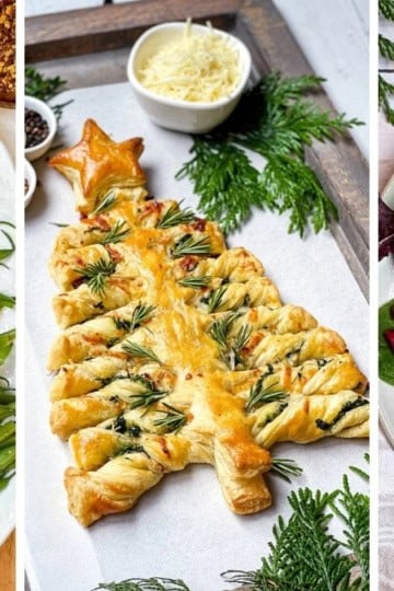 Three image collage of Christmas side dishes including salads, fresh vegetables, savory appetizers, breads, casseroles, and more.