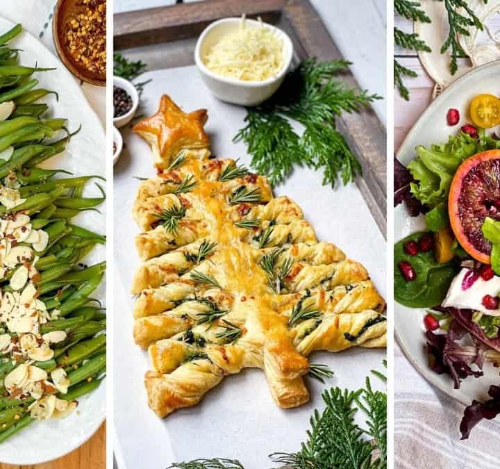 Three image collage of Christmas side dishes including salads, fresh vegetables, savory appetizers, breads, casseroles, and more.