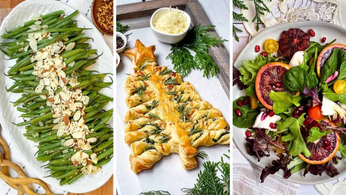 Three image collage of Christmas side dishes including salads, fresh vegetables, savory appetizers, breads, casseroles, and more.