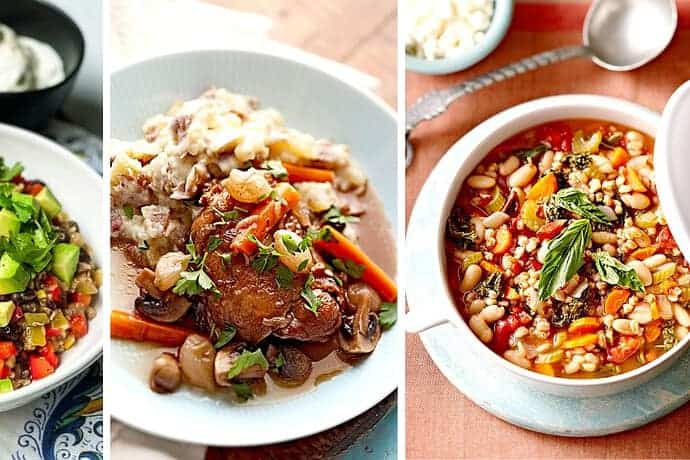 Three colorful dishes side by side: a taco bowl with beef, rice, peppers, and cilantro; a plate with chicken, mushrooms, and carrots in a creamy sauce; and a stew of beans, tomatoes, and spinach garnished with basil leaves-perfect winter crockpot recipes for cozy evenings.