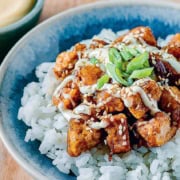 A blue plate filled with white rice topped with chunks of seasoned chicken, drizzled with a creamy sauce. Garnished with chopped green onions and sprinkled with sesame seeds. A small bowl of sauce is visible in the background.