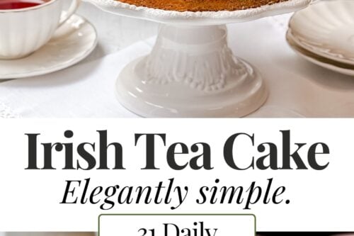 A round Irish tea cake with powdered sugar sits elegantly on a white pedestal, topped with raspberries and blackberries, accompanied by a teapot and teacup. A text overlay reads, "Elegantly simple. 31 Daily.