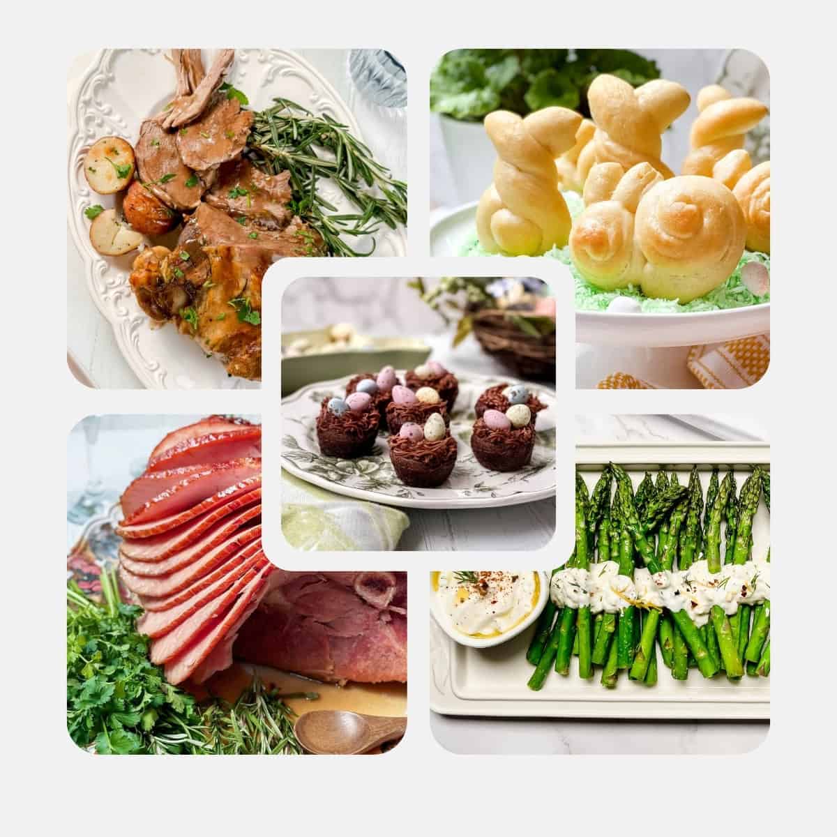 A collage of Easter Recipes featuring roast lamb with potatoes, bunny-shaped bread rolls, mini chocolate egg desserts, sliced ham, and roasted asparagus with cheese.