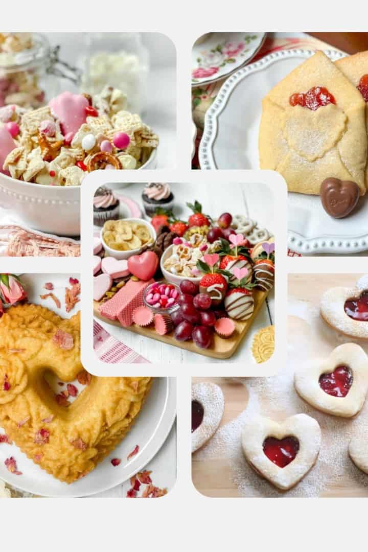 A collage of assorted heart-themed Valentine's Day desserts, including cookies, cake, pastries, and a snack board, all decorated with red and pink accents.
