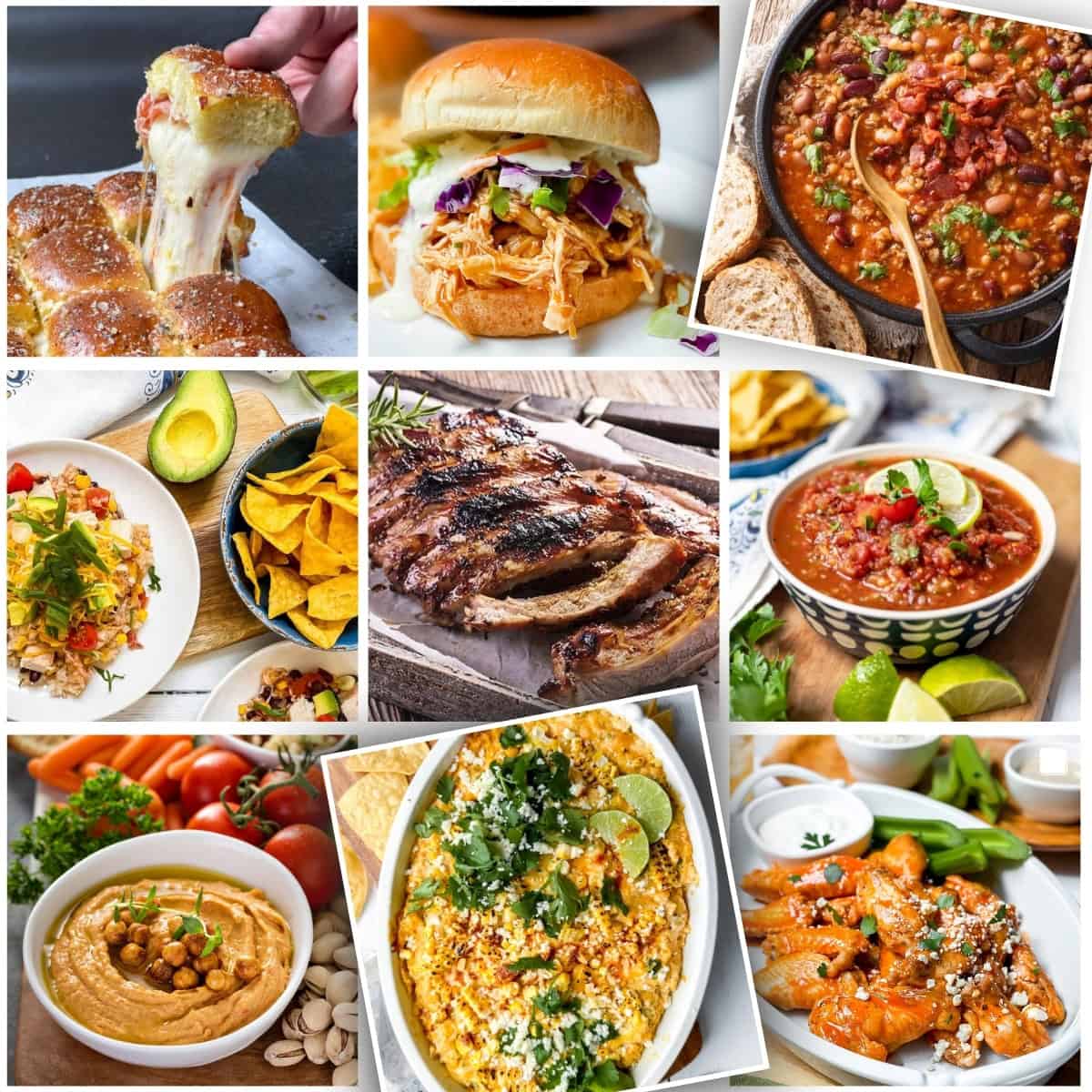 A collage of nine different game day foods-perfect super bowl food ideas-including cheesy sliders, a chicken sandwich, chili, nachos, ribs, salsa, hummus, baked casserole, and buffalo wings.