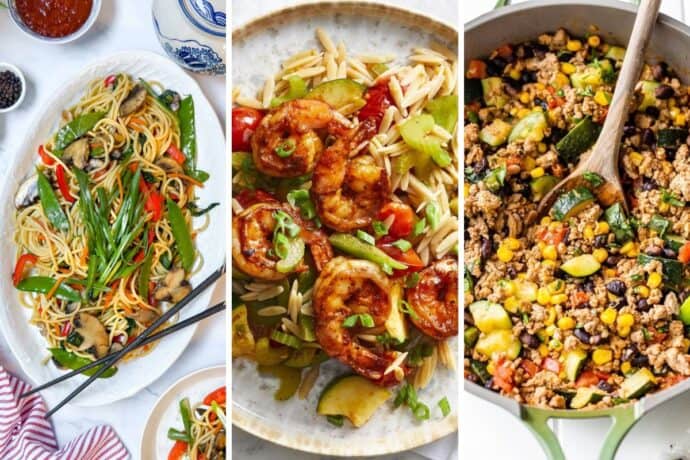 In this February feast of one pot dinners, discover three delightful dishes: stir-fried noodles with crisp vegetables, succulent shrimp and orzo on a vibrant plate, and a skillet brimming with spiced ground meat, corn, zucchini, beans, and garnished with fresh green onions.