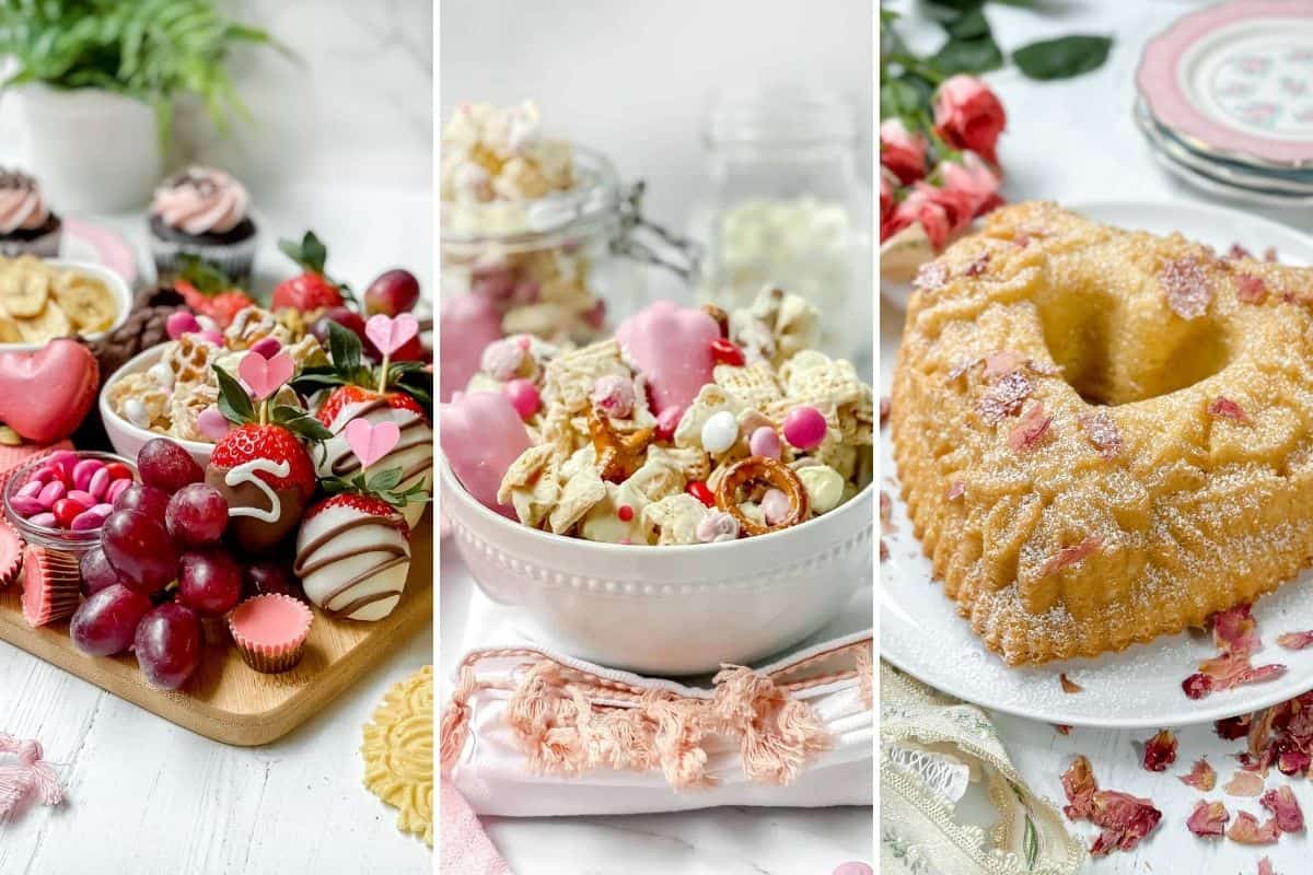 Three panels showing: a platter of valentine's day desserts with pink and red treats and grapes, a bowl of white chocolate snack mix with heart candies, and a heart-shaped bundt cake topped with powdered sugar and petals.