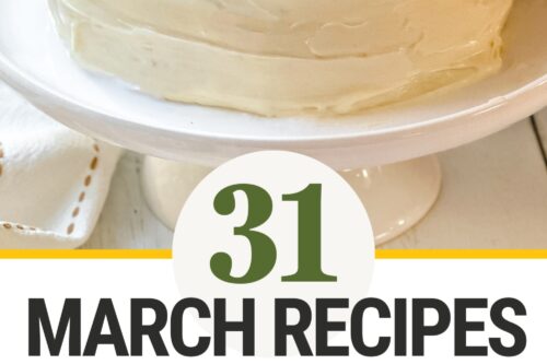 Pinterest Pin promotional image featuring spring March recipes like carrot cake, fish, cabbage and rice and peas.