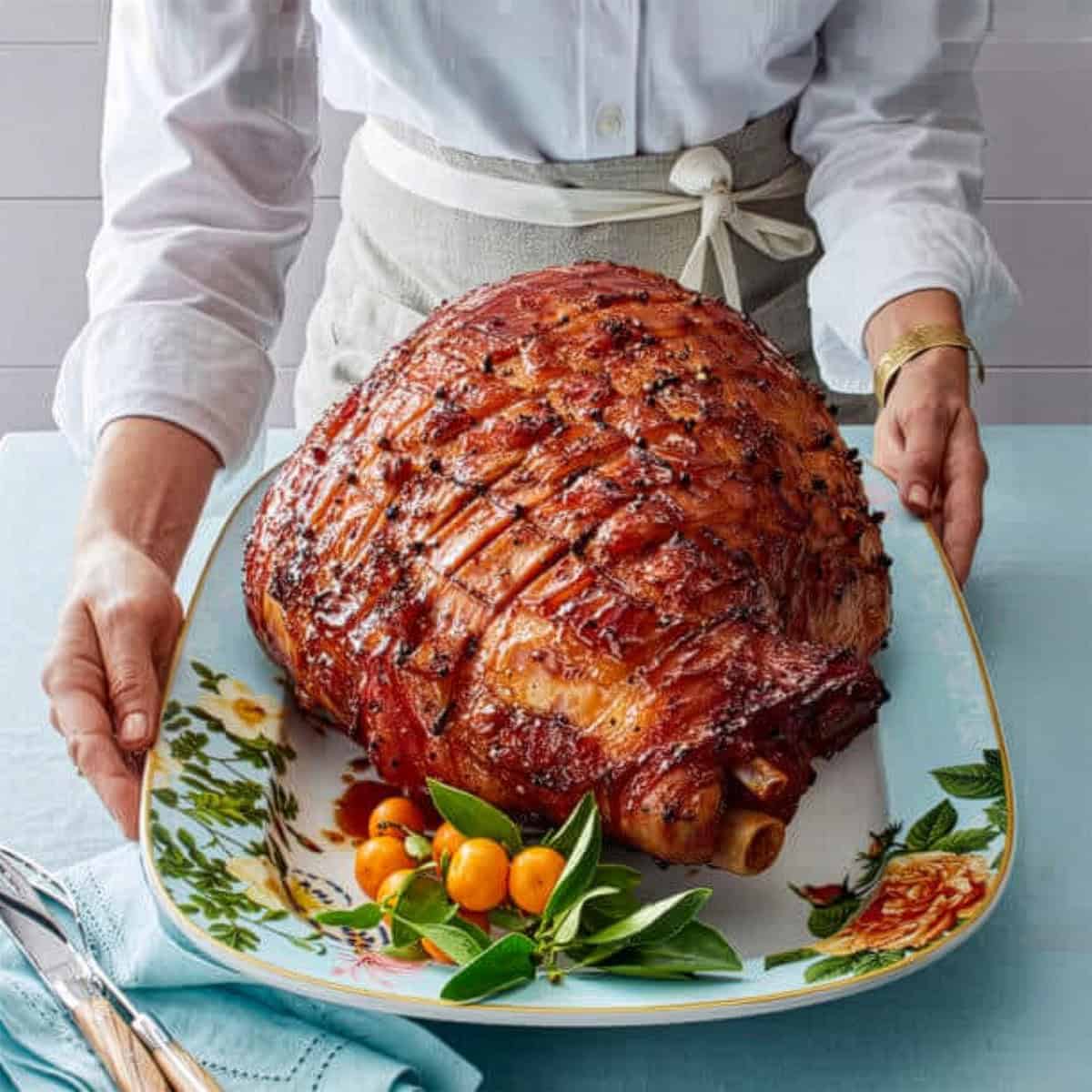 A person in a white shirt and apron holds a large platter with a glazed, baked ham garnished with fresh greens and small orange fruits, ready to be served as the centerpiece for an Easter Dinner.