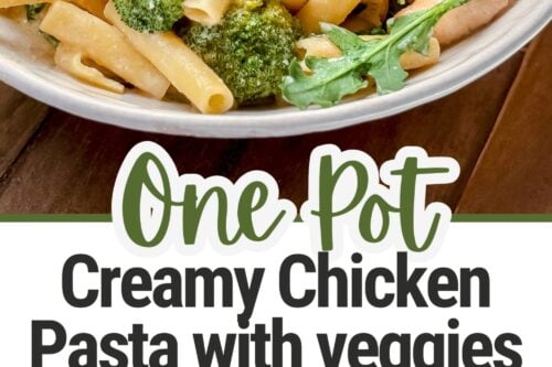 A bowl of creamy chicken pasta with broccoli and arugula, surrounded by lemons. Below, two step-by-step photos show broccoli, cheese, and pasta cooking together in a pot. Text reads: "One Pot Creamy Chicken Pasta with veggies.