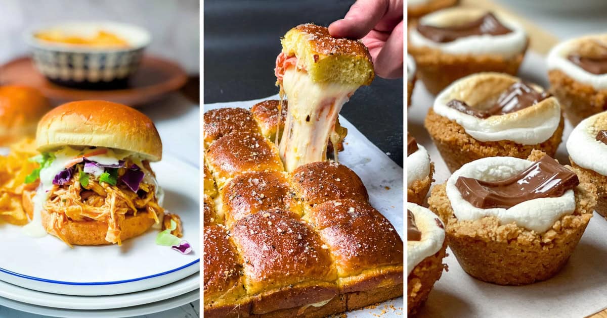 Three image collage featuring graduation party foods like sliders, skewers, and easy smores cookie cups.