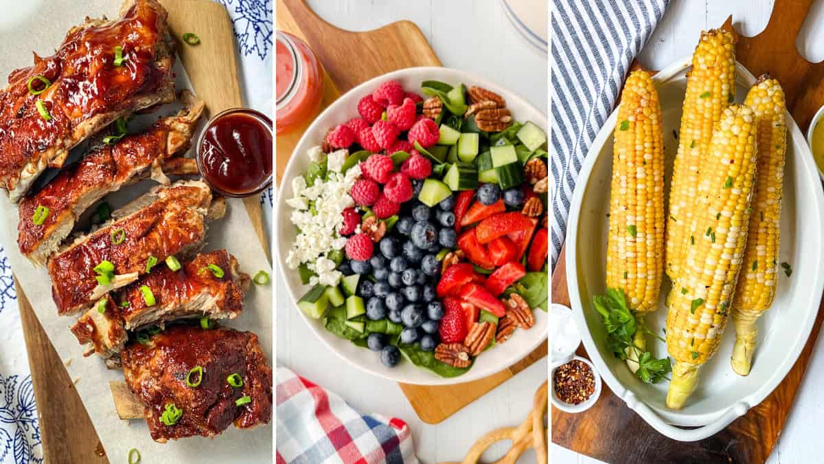 A Memorial Day recipes spread with saucy ribs, berry salad, and grilled corn on wooden boards.