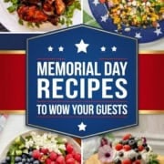 A collage featuring barbecue drumsticks, corn salad, a fruit-topped salad, and berry cake surrounds a central banner reading "Memorial Day Recipes to Wow Your Guests," perfect for your festive gathering.