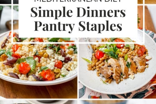 A collage of Mediterranean dishes including salads, salmon, chicken, and vegetables, with a text overlay: "31 Mediterranean Diet Simple Dinners Pantry Staples.