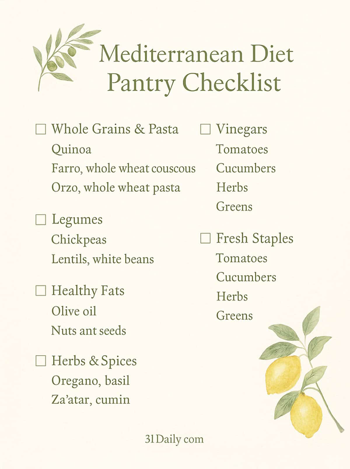 A Mediterranean diet pantry checklist with categories for whole grains, legumes, healthy fats, herbs & spices, vinegars, and fresh staples, decorated with green leaves and yellow lemons.