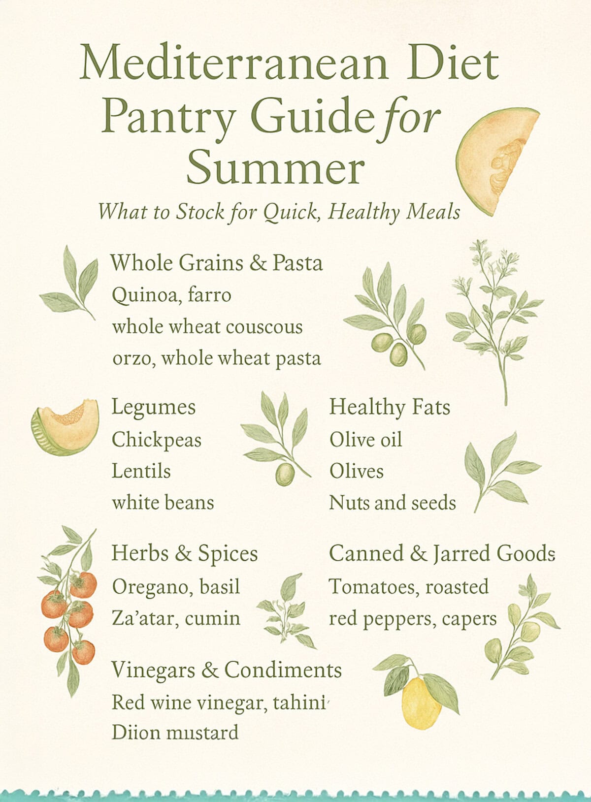 A Mediterranean diet summer pantry guide listing whole grains, legumes, herbs, vinegar, healthy fats, and canned foods, with watercolor illustrations of grains, herbs, olives, and tomatoes on a light background.