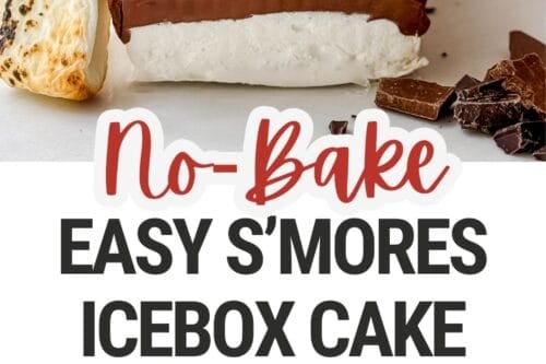 A rectangular no-bake s’mores icebox cake layered with chocolate, marshmallows, and whipped topping is shown sliced on a white surface, garnished with toasted marshmallows and chocolate pieces. Text reads: “No-Bake S’mores Icebox Cake.”.