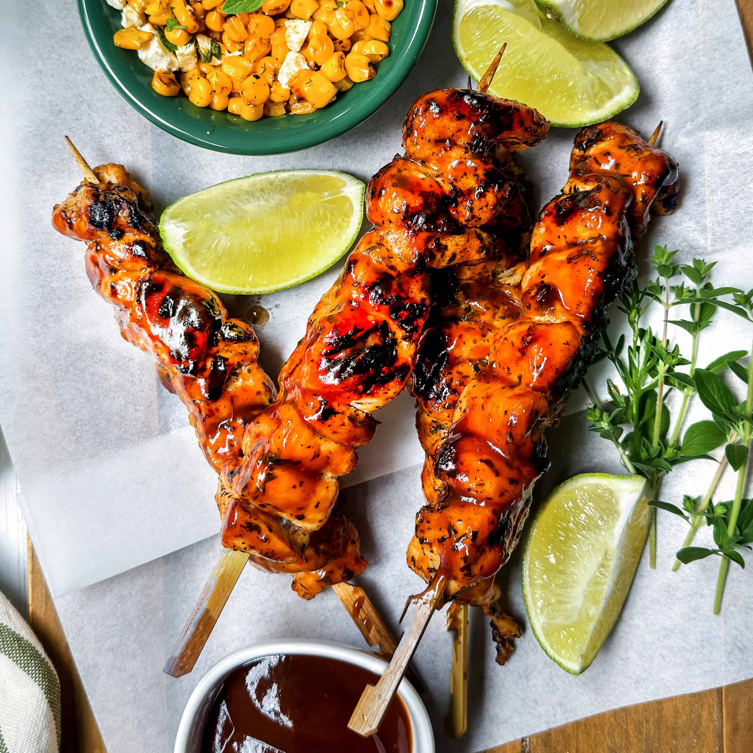 Three BBQ chicken skewers with barbecue sauce, lime wedges, grilled corn, and fresh herbs on parchment paper.