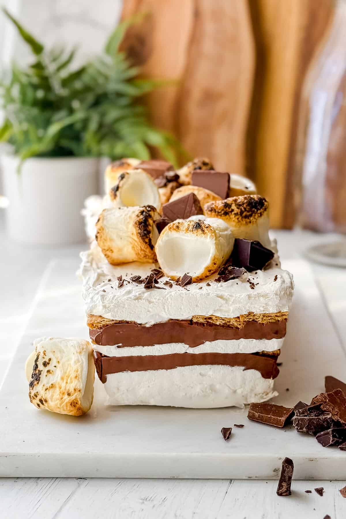 A no-bake s'mores icebox cake, layered with ice cream and topped with toasted marshmallows and chocolate pieces, sits on a white surface with a plant and wooden boards in the background.