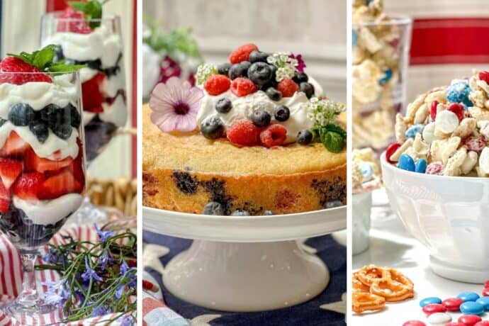 A collage of three 4th of July desserts: berry parfaits in glasses, a berry-topped cake on a stand, and a bowl of snack mix with red, white, and blue candies, set against festive red and blue decor.