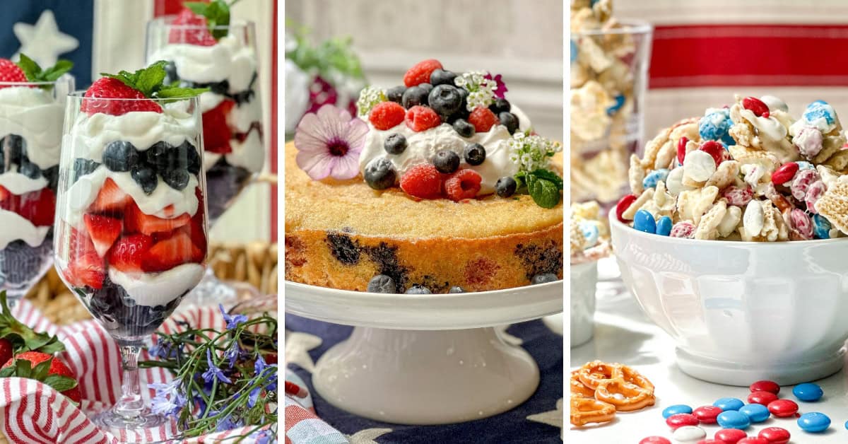 A collage of three 4th of July desserts: berry parfaits in glasses, a berry-topped cake on a stand, and a bowl of snack mix with red, white, and blue candies, set against festive red and blue decor.