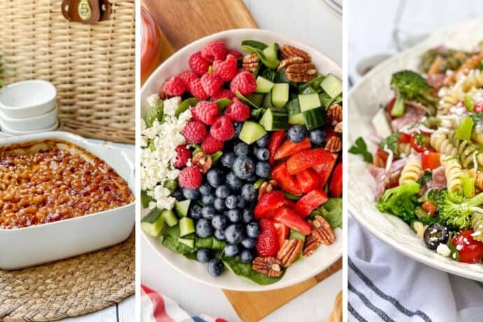 Three dishes on display: baked beans in a white casserole dish, a salad with berries, cucumber, pecans, and feta, and a colorful pasta salad with vegetables and feta—perfect 4th of July side dishes for your holiday table.
