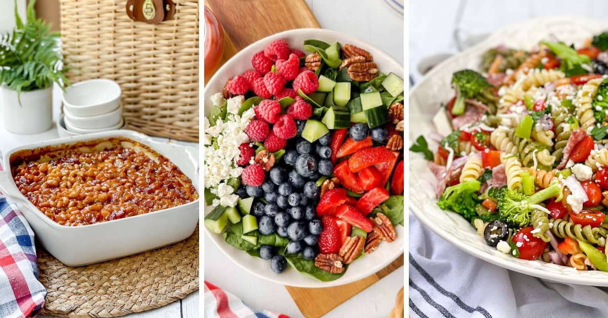 Three dishes on display: baked beans in a white casserole dish, a salad with berries, cucumber, pecans, and feta, and a colorful pasta salad with vegetables and feta—perfect 4th of July side dishes for your holiday table.