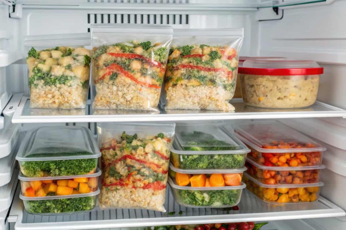 A refrigerator shelf filled with neatly stacked containers and zip-top bags holding prepped meals, chopped vegetables, and grains arranged in organized rows.