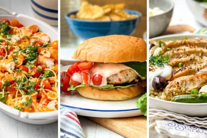 A collage of three dishes inspired by Quick Summer Skillet Dinners: zucchini noodles with cherry tomatoes and herbs, a chicken sandwich with lettuce and tomatoes, and a bowl with grilled chicken, couscous, olives, and vegetables.