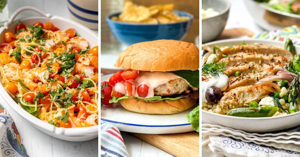 A collage of three dishes inspired by Quick Summer Skillet Dinners: zucchini noodles with cherry tomatoes and herbs, a chicken sandwich with lettuce and tomatoes, and a bowl with grilled chicken, couscous, olives, and vegetables.