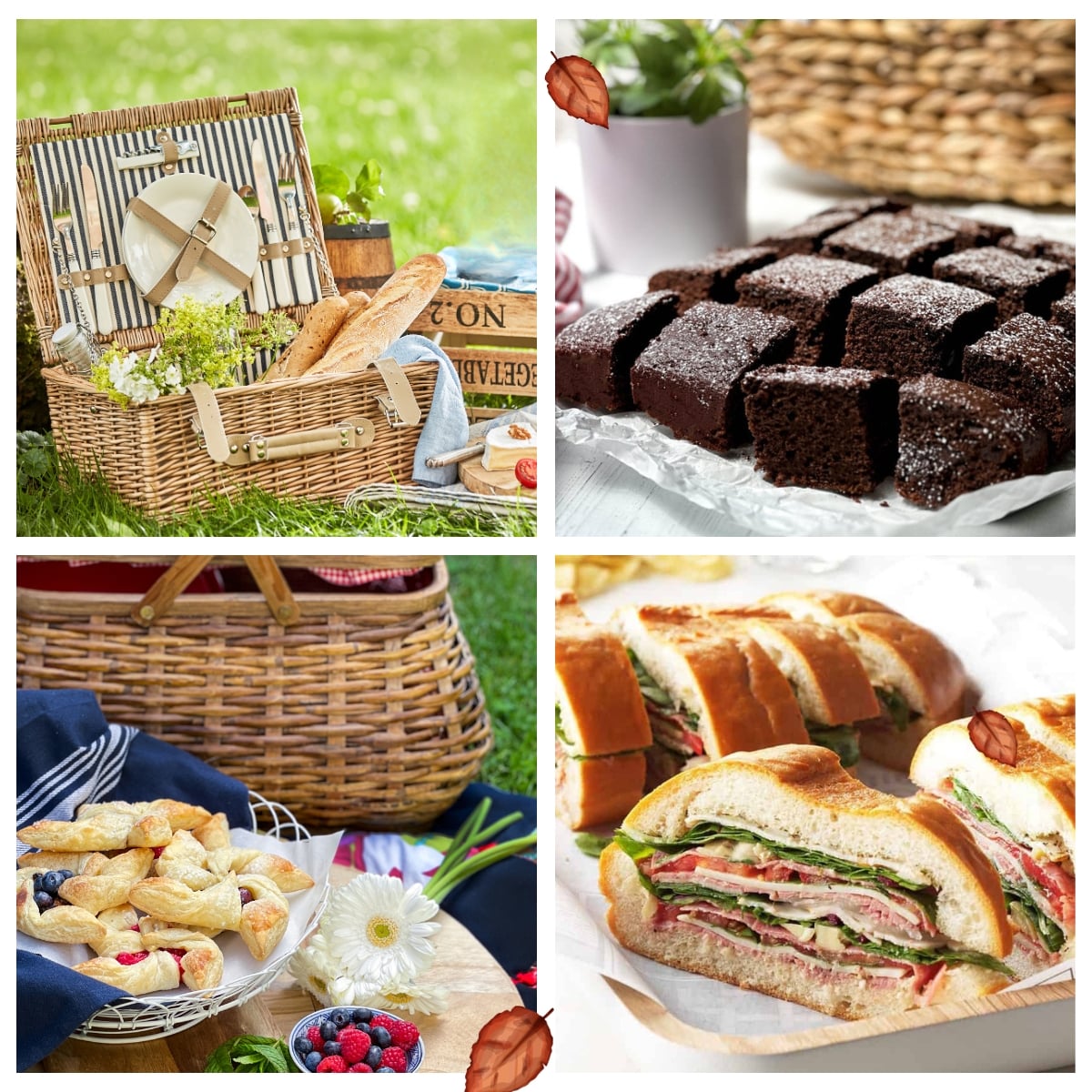 A collage of picnic scenes featuring a wicker basket, chocolate cake squares, assorted fruit pastries, and stacked sandwiches with meat and vegetables—perfect inspiration for your favorite summer picnic recipes.