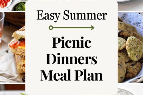 A collage of fresh summer picnic dinners—wraps, salads, cookies, sandwiches, and pasta—with text: "Easy Summer Picnic Dinners Meal Plan – Free Weeknight Meal Plan – 31Daily.com".