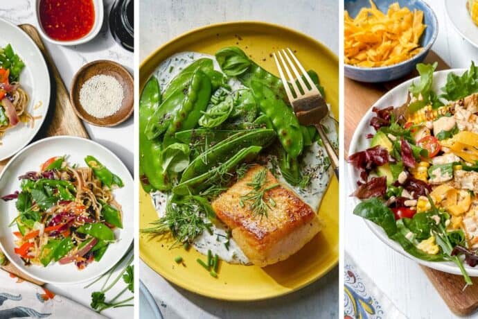 Three colorful plates showcase July 20 Minute Dinners: noodle bowls with veggies and sesame seeds; salmon with snow peas and fresh dill; and a salad with greens, tofu, corn, tomato, and avocado. Small sauce bowls and corn on the cob accompany the meal.