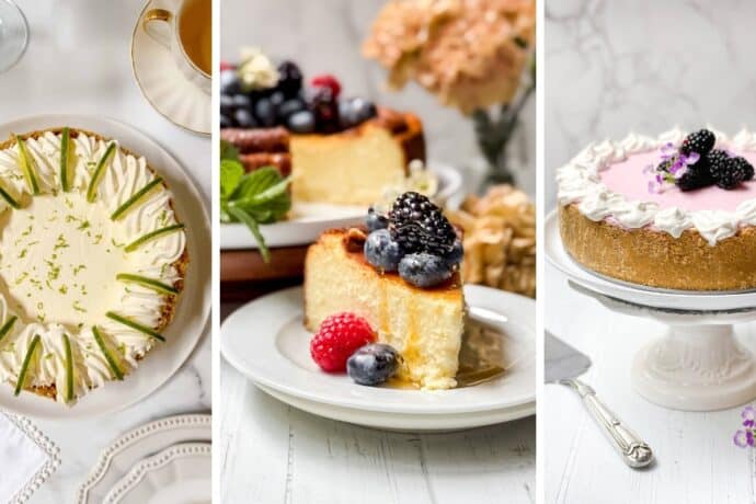 Three cheesecakes: the first topped with whipped cream and lime zest, the second garnished with assorted berries, and the third with pink topping, whipped cream, and blackberries—perfect inspiration for your next cheesecake recipes.
