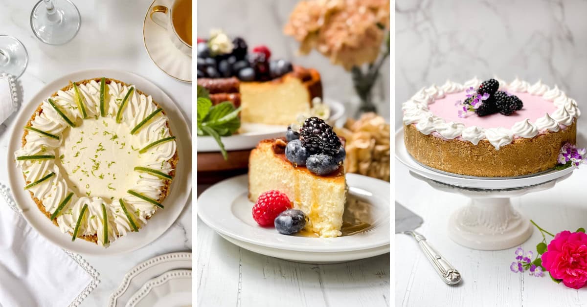 Three cheesecakes: the first topped with whipped cream and lime zest, the second garnished with assorted berries, and the third with pink topping, whipped cream, and blackberries—perfect inspiration for your next cheesecake recipes.