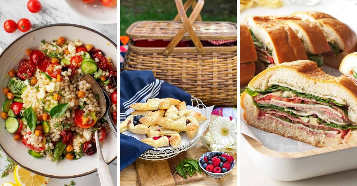 A collage of summer picnic recipes: a bowl of couscous salad with vegetables, a picnic basket behind a plate of pastry twists and berries, and a stacked deli meat and cheese sandwich on a cutting board.