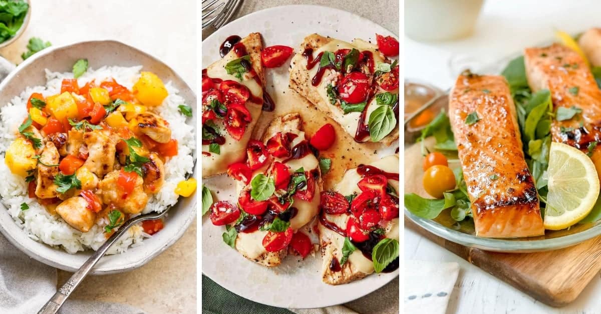 Three dishes: left, chicken with pineapple and peppers over rice; center, caprese-style chicken topped with tomatoes, mozzarella, basil and balsamic glaze; right, glazed salmon fillets with lemon slices and spinach—perfect Healthy 30-Minute Dinners.